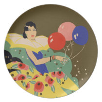 Lady with Balloons - Art Deco illustration plate