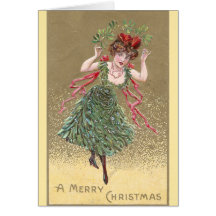 Lady with Mistletoe Dress Vintage Christmas Greeting Card
