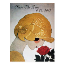 LADY WITH RED ROSE WEDDING SAVE THE DATE POSTCARD