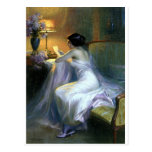 lady woman reading letter antique painting art postcard