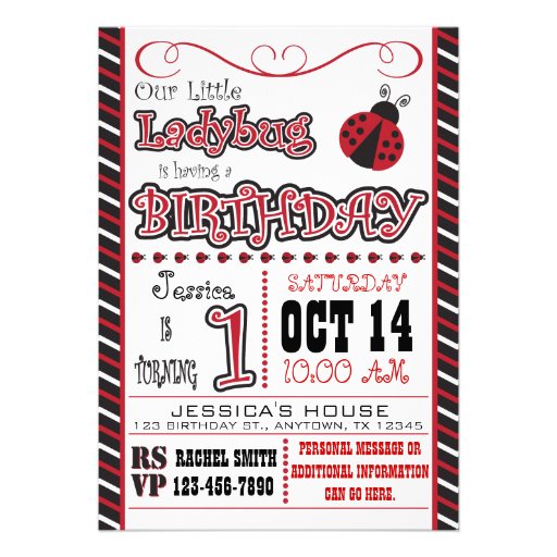 Ladybug 1st Birthday Invitations (front side)