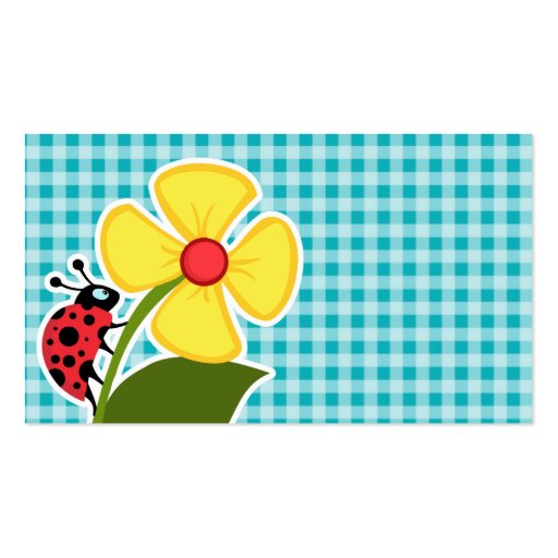 Ladybug and Flower on Blue-Green Gingham Business Card