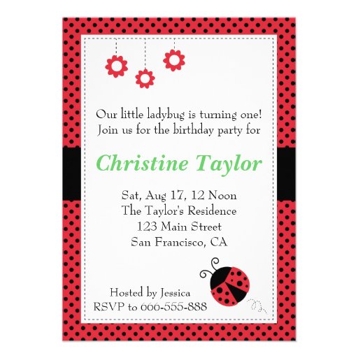 Ladybug and Polka Dots Birthday Party Personalized Invite (front side)
