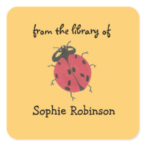 Ladybug bookplate labels - peach square stickers
