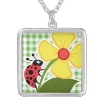 Ladybug; Green Checkered; Gingham Necklace