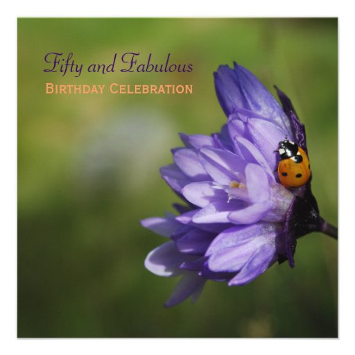 Ladybug on Purple Flower 50th Birthday Invitation