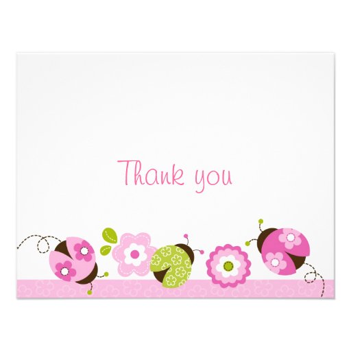 Ladybug Pink Green Flower Thank You Note Cards Invite