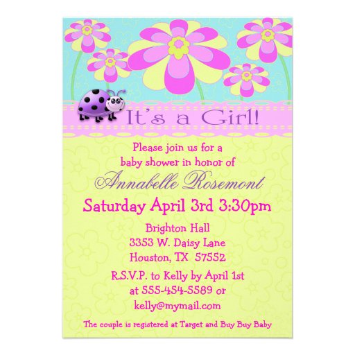 Ladybugs and Flowers Baby Shower Invitation (front side)