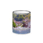 Lake steam and mountain village mug