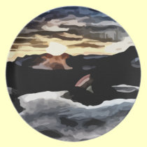 lake sunset painting plates
