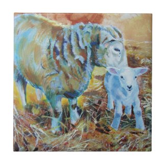 Lamb and Sheep on Straw Painting tile