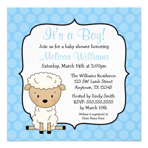 Lamb Blue Dots Boy Baby Shower Invitations
