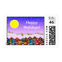 Landscape with houses and snow postage stamp