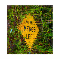 Lane Ends. Merge Left. Bright yellow roadsign Acrylic Cut Out