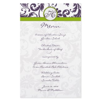 Lapis Purple and Apple Green Damask Wedding Menu stationery