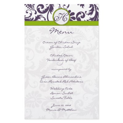 Lapis Purple and Apple Green Damask Wedding Menu Stationery Design