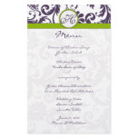 Lapis Purple and Apple Green Damask Wedding Menu Stationery Design