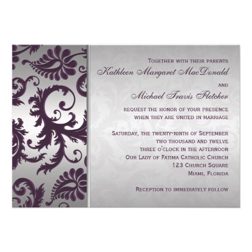 Lapis Purple and Silver Damask Wedding Invitation