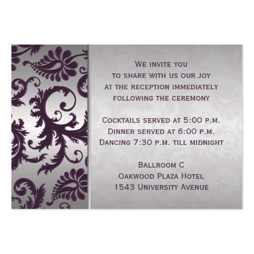 Lapis Purple and Silver Grey Damask Enclosure Card Business Card Template (back side)