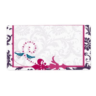 Lapis Purple Berry and Teal Damask Birds Wedding Shipping Labels by samack