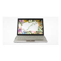 Laptop showing bull market chart photo cards