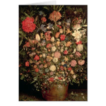 Large bouquet of flowers in a wooden tub greeting card