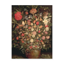 Large bouquet of flowers in a wooden tub postcard