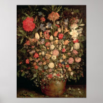 Large bouquet of flowers in a wooden tub print