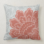 Large Floral Motif Pillow in Silver and Brick Red