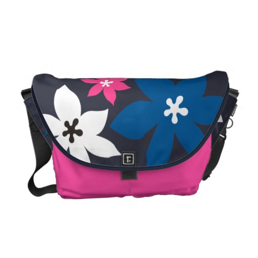 Large modern flower print navy blue hot pink courier bags