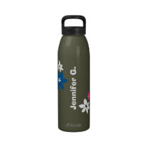 Large modern flower print personalized name gray water bottles