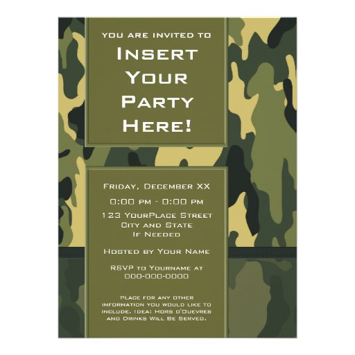 Large Party Invitation: Green Military Camouflage (front side)
