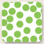 Large Pea Green Dots on White. Beverage Coaster