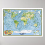 Large Physical map of world poster