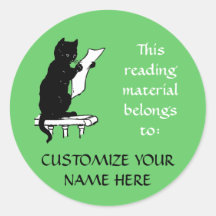 Large Reading Cat Bookplate Sticker in Light Green