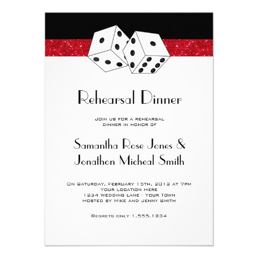 Las Vegas Rehearsal Dinner Dice Theme Ruby Red Announcement (front side)