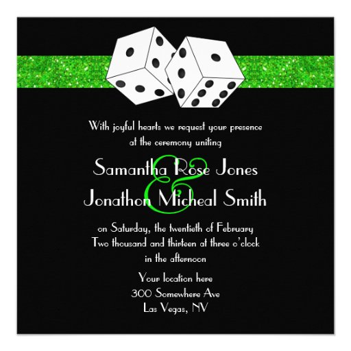 Las Vegas Wedding Dice Theme Green Faux Glitter Personalized Invites (front side)