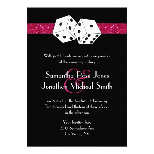 Las Vegas Wedding Dice Theme Hot Pink Faux Glitter Personalized Announcements (front side)