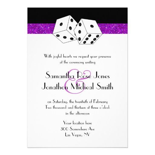 Las Vegas Wedding Dice Theme Purple Faux Glitter Personalized Announcements (front side)