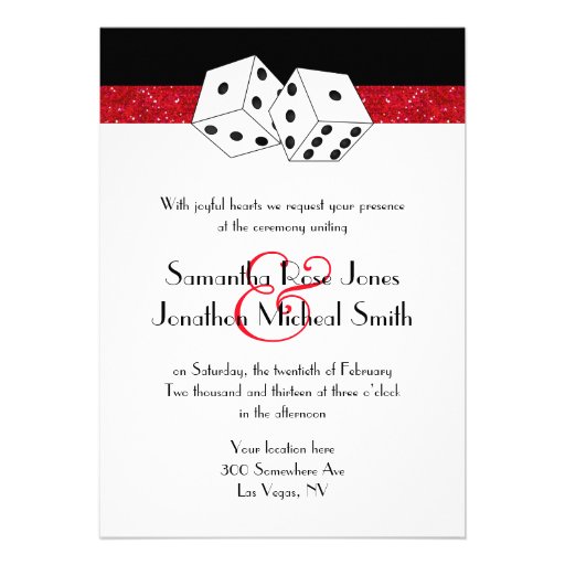 Las Vegas Wedding Dice Theme Ruby Red Faux Glitter Invitations (front side)