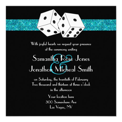 Las Vegas Wedding Dice Theme Teal Blu Faux Glitter Announcement