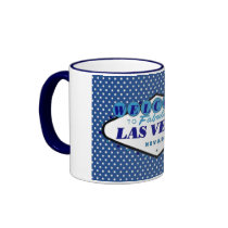 Las Vegas White Polka Dots, with Blue background mugs by vegasdusoleil Las Vegas White Polka Dots, with Blue background mugs