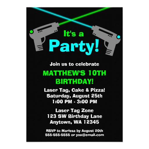Laser Tag Blue Green Birthday Party Invitations (front side)