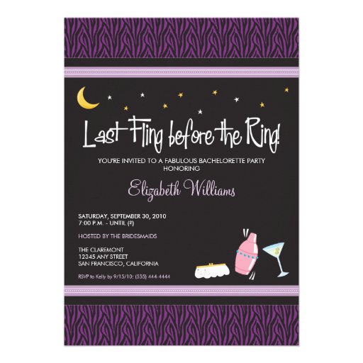 Last Fling Zebra Bachelorette Invitation (purple)