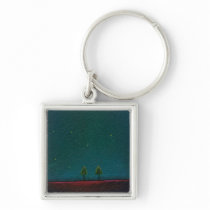 Late Night Meeting dark starry sky nature tree art keychains