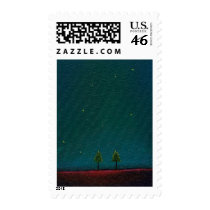Late Night Meeting dark starry sky nature tree art postage