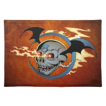Laughing Flaming Eyeballs Skull with Bat Wings Placemat
