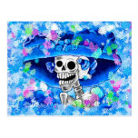 Laughing Skeleton Woman in Blue Bonnet on Blue Post Cards