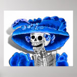 Laughing Skeleton Woman in Blue Bonnet Print