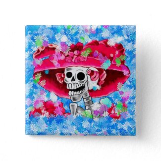 Laughing Skeleton Woman in Red Bonnet button